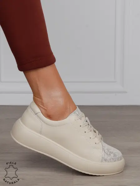 Pantofi Casual damă din piele naturală cu talpa inalta CRL1571 BEJ
