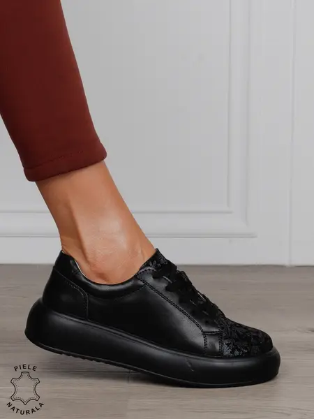 Pantofi Casual damă din piele naturală cu talpa inalta CRL1571 NEGRU