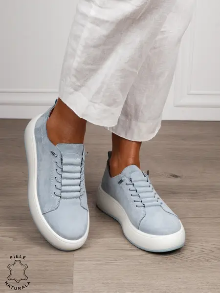 Pantofi Casual dama din Piele Naturala Intoarsa cu siret special CRL1550ALBASTRU