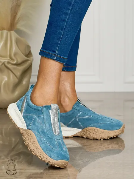 Pantofi CASUAL dama din piele naturala INTOARSA de tip Slip-on CRL1458 ALBASTRU