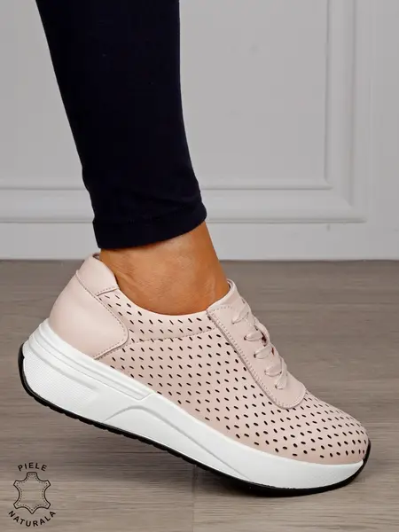 Pantofi Casual dama din Piele Naturala mici perforati CRL1541 ROZ