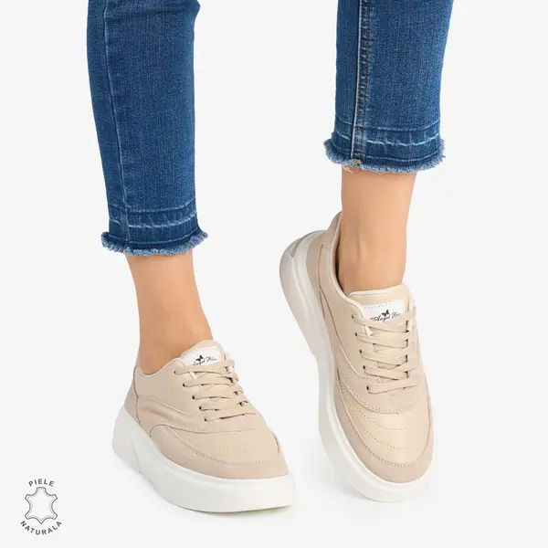 Pantofi casual dama piele naturala si piele naturala intoarsa CRL0872 BEJ