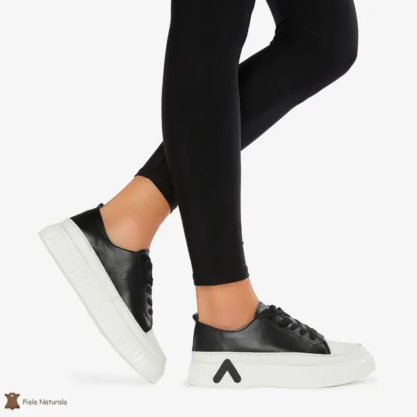 Pantofi Casual de dama din Piele naturala cu talpa groasa CRL0489 NEGRU CU ALB