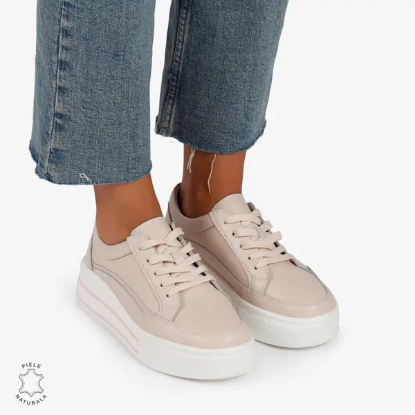 Pantofi Casual de dama din Piele Naturala cu talpa inalta si Dungi CRL1203 Roz
