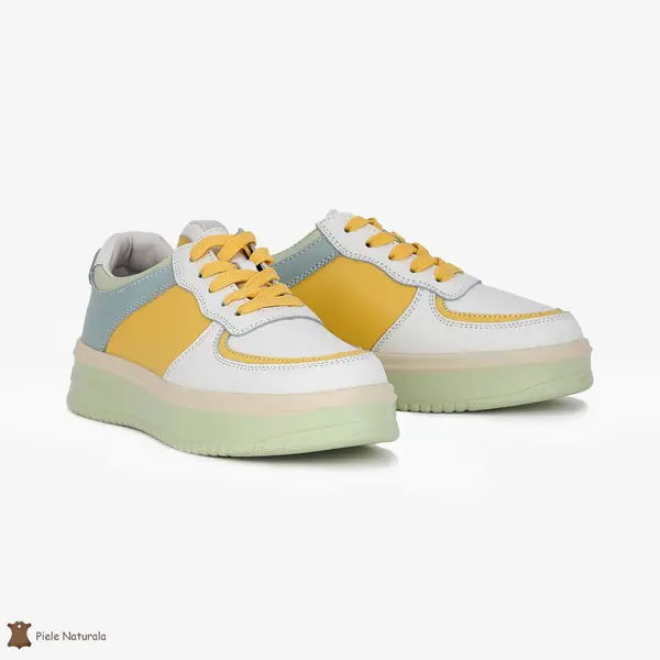 Pantofi Casual de dama din Piele naturala Multicolor cu design special CRL0519 ALB CU GALBEN