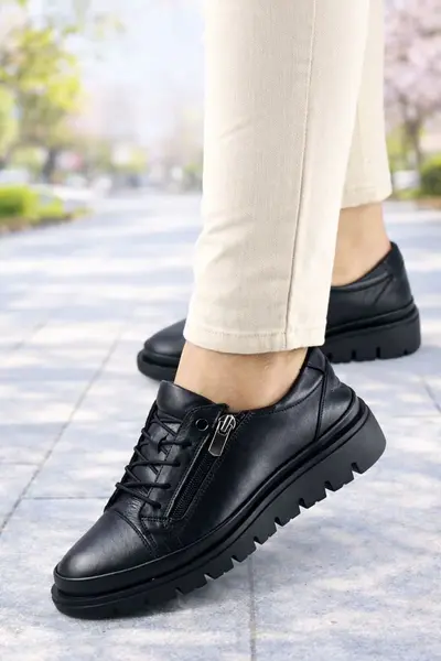 Pantofi Casual din Piele cu Fermoar si Siret Elastic - FYA BLACK