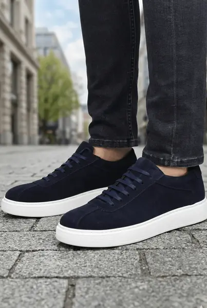 Pantofi Casual din Piele Intoarsa Albastri cu Siret - FYLL BLU