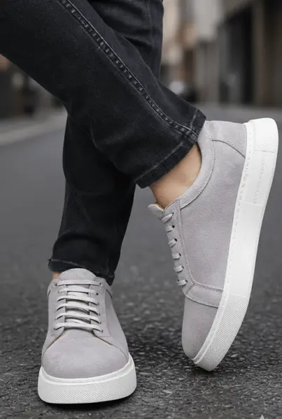 Pantofi Casual din Piele Intoarsa Gri cu Siret - EDY GREY