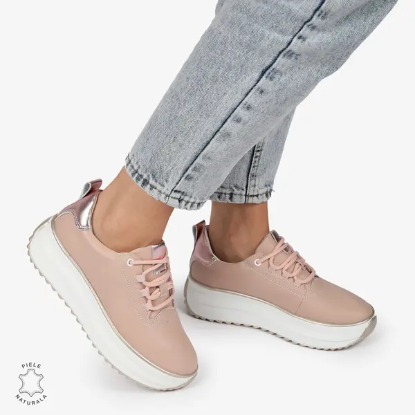 Pantofi CASUAL PIELE NATURALA cu TALPA INALTA CRL1291 ROZ