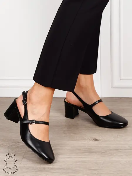 Pantofi dama eleganti cu toc gros si inchidere dubla CRL1608 Negru