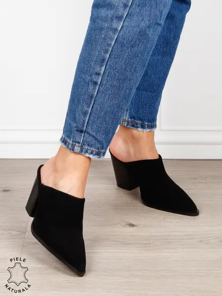 Pantofi dama eleganti cu toc gros si varf ascutit din piele naturala intoarsa CRL1609 Negru