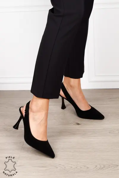 Pantofi dama eleganti cu toc subtire si varf ascutit din piele naturala intoarsa CRL1612 NEGRU