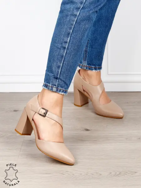 Pantofi dama eleganti din piele naturala cu bareta si toc gros CRL1634 Khaki
