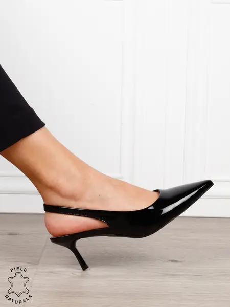 Pantofi dama eleganti din piele naturala cu toc subtire si varf ascutit CRL1616 NEGRU