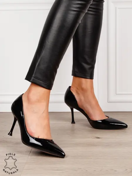 Pantofi dama eleganti din piele naturala Lacuita cu toc subtire clasic CRL1636 NEGRU