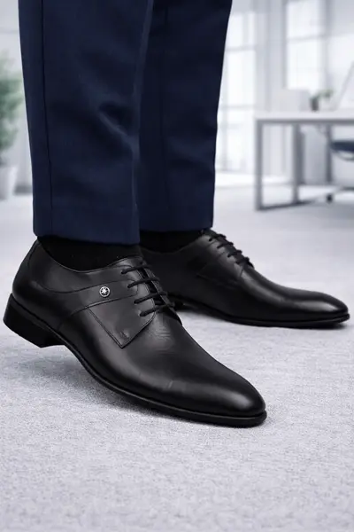 Pantofi Eleganti Barbati din Piele cu Siret Negri - BRONSIN