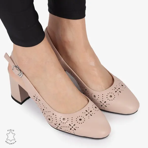 PANTOFI ELEGANTI dama din Piele Naturala CU TOC GROS SI MODEL PERFORAT CRL0995 ROZ