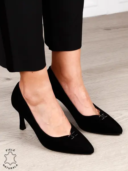 Pantofi Eleganti dama din piele naturala intoarsa cu catarama CRL1577 NEGRU