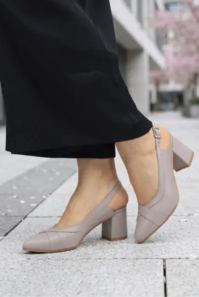 Pantofi Eleganti Decupati cu Toc din Piele Grej - KYZ TAUPE