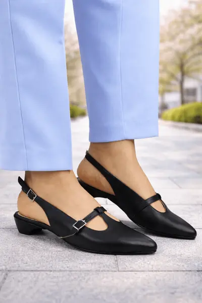 Pantofi Eleganti Toc Mic cu Decupaj din Piele Negri - ELYM BLACK