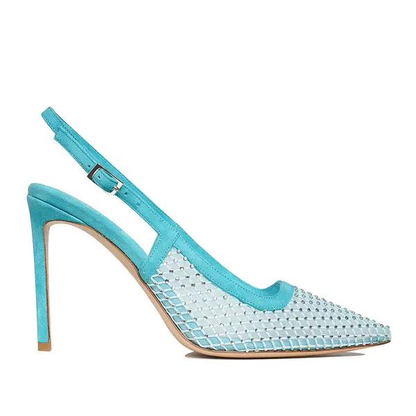 Pantofi Iana Piele Intoarsa/Plasa cu Aplicatii Stralucitoare, Aqua - Premium Collection - 39 / 10 cm