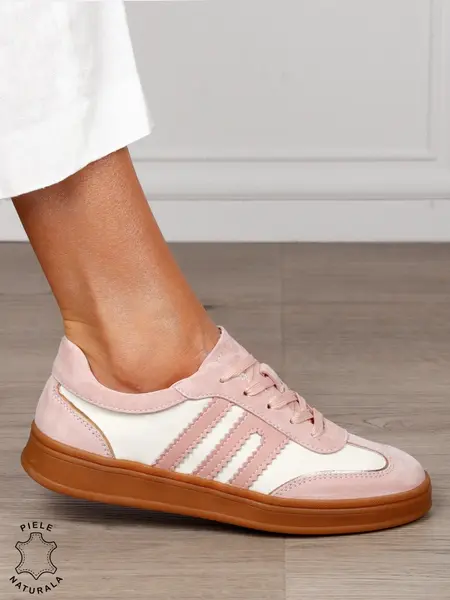 Pantofi sport damă din piele naturală întoarsă si material textil lateral CRL1566 ROZ