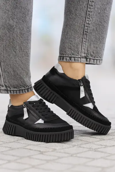 Pantofi Sport Dama din Piele Negri cu Fermoar - JOY