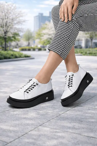 Pantofi Sport din Piele cu Siret Elastic - ELYN WHITE