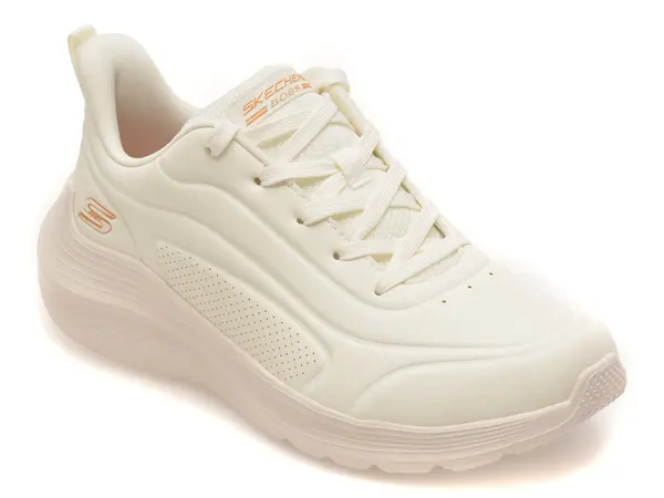 Pantofi sport SKECHERS albi, BOBS SQUAD WAVES, din piele ecologica