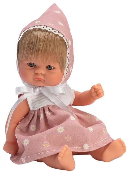 Păpușa Asi Dolls Bomboncin - Baby Chiquita, cu rochie și căciulă roz cu imprimeu floral, 20 cm