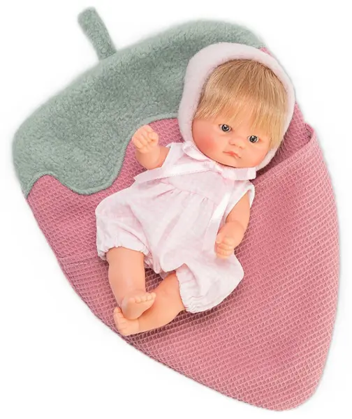 Păpușa Asi Dolls Bomboncin - Baby Chiquita, cu salopetă roz într-o pungă cu căpșuni, 20 cm, roz