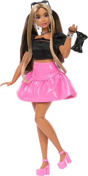 Păpușă Barbie Deluxe Style - Cu top negru și fustă roz, cu păr șaten