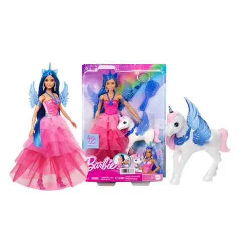 Papusa Barbie, Mattle, Model unicorn cu aripi, rochie roz ombre, set cu accesorii, +3ani