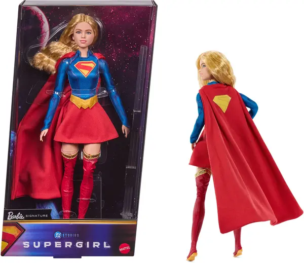 Păpușă Barbie Signature DC - Supergirl, cu costum de supererou și pelerină, 29 cm