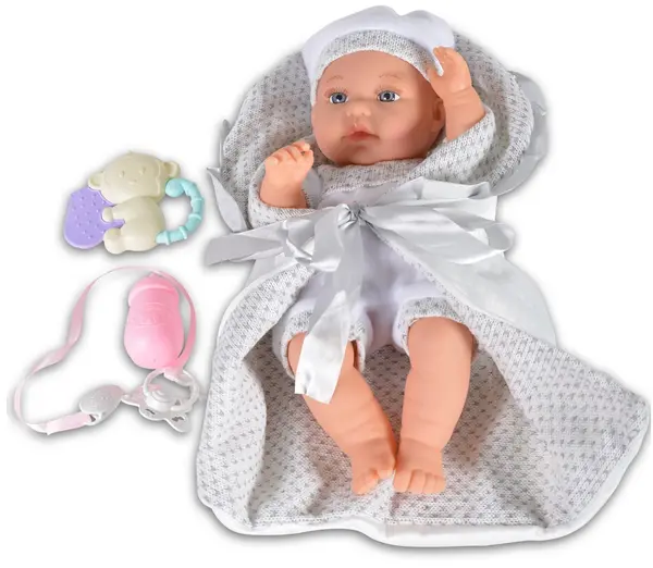 Papusa bebe Moni - Cu paturica gri si accesorii, 36 cm