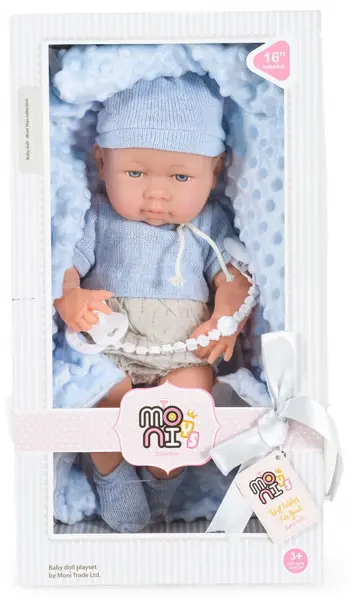 Păpușă-bebe Moni Toys - Cu păturică albastră și căciuliță, 41 cm