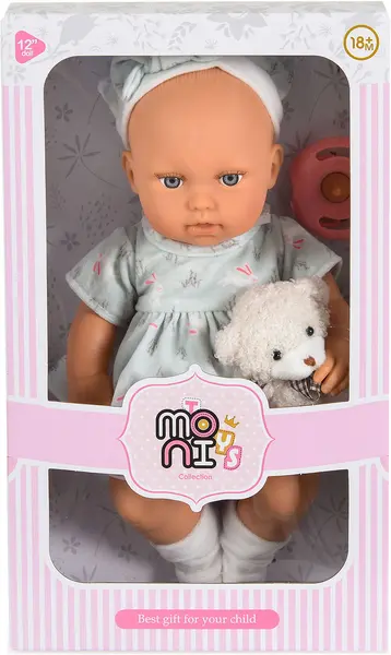 Păpuşă bebeluş Moni Toys - Lovely Baby, cu o rochie și un ursuleț de pluș, 30 cm
