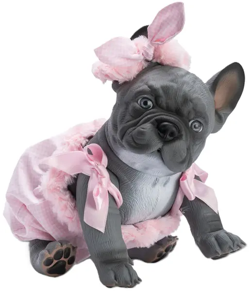 Păpuşă câine Asi Dolls Animal Reborn - Lily, Bulldog Francez, cu salopetă în carouri, 32 cm