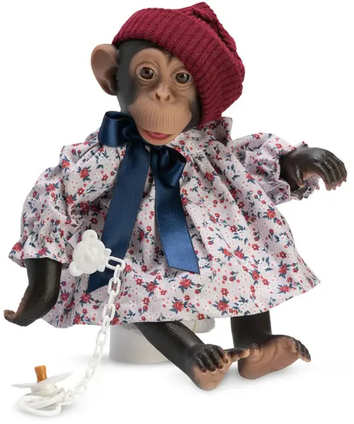 Păpuşă maimuţă Asi Dolls Animal Reborn -Lola, purtând o rochie florală și o pălărie, 32 cm