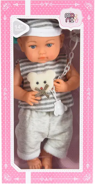 Păpuşă Moni Toys -Cu haine gri, suzetă și biberon, 36 cm