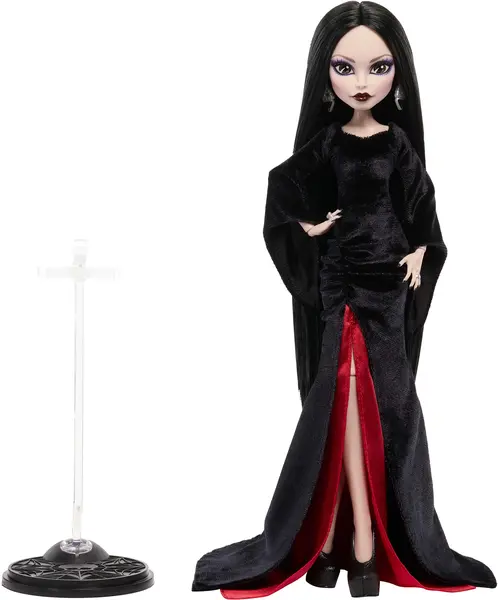 Păpușă Monster High Wednesday - Mortisha Adams în rochie de catifea neagră, 29 cm