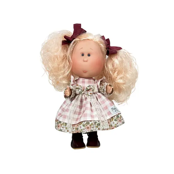 Papusa Nines D Onil, Mia, cu parul blond si funde rosii, cu articulatii, cu miros de vanilie, 30 cm