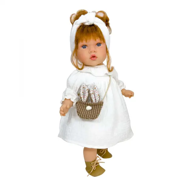 Papusa Nines D Onil, Susette Plumeti, cu parul roscat, cu sunete, cu rochie alba, cu miros de vanilie, 45 cm