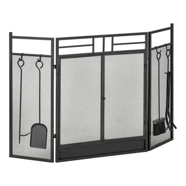 Parascantei pentru Semineu Modern, Paravan pentru Incendiu Pliabil cu 2 Usi din Metal Negru, 122x1.6x80cm Negru HOMCOM | Aosom Romania
