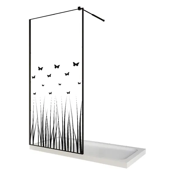 Paravan dus walk in / Perete dus sticla cu model Butterfly 103 8 mm profil negru mat tija extensibila 120 x 200 cm