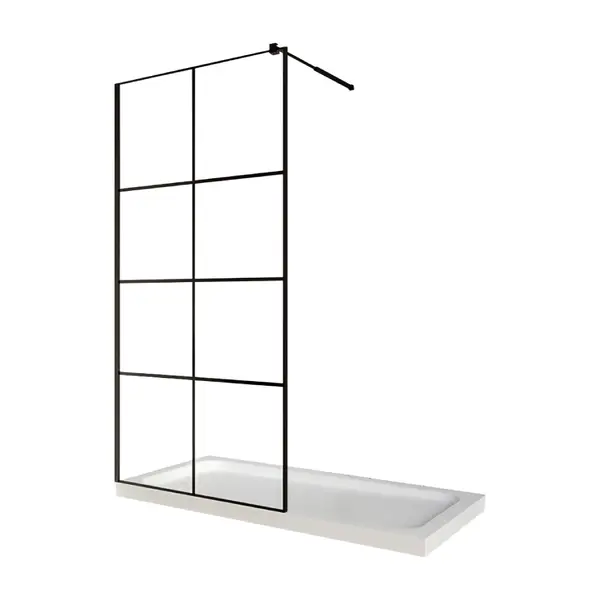 Paravan dus walk in / Perete dus sticla cu model Windows 101 6 mm profil negru mat tija extensibila 80 x 200 cm