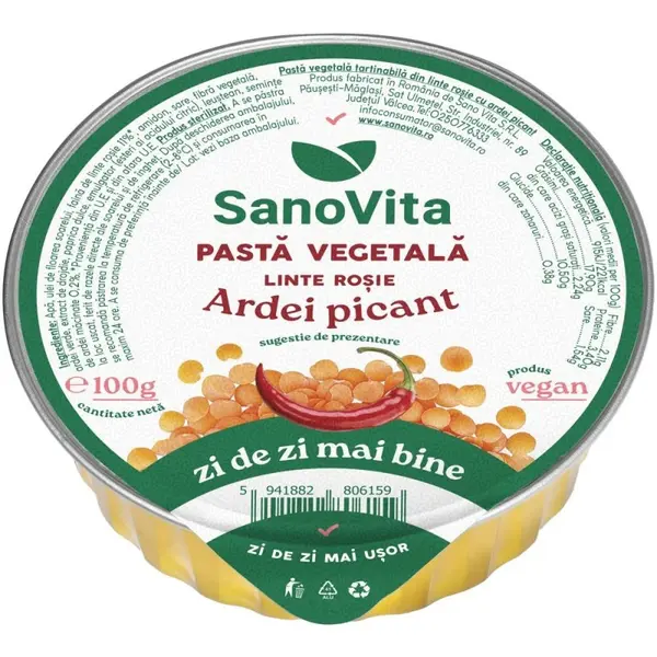 Pasta Vegetala din Linte Rosie cu Ardei Picant, Sanovita, 100 g