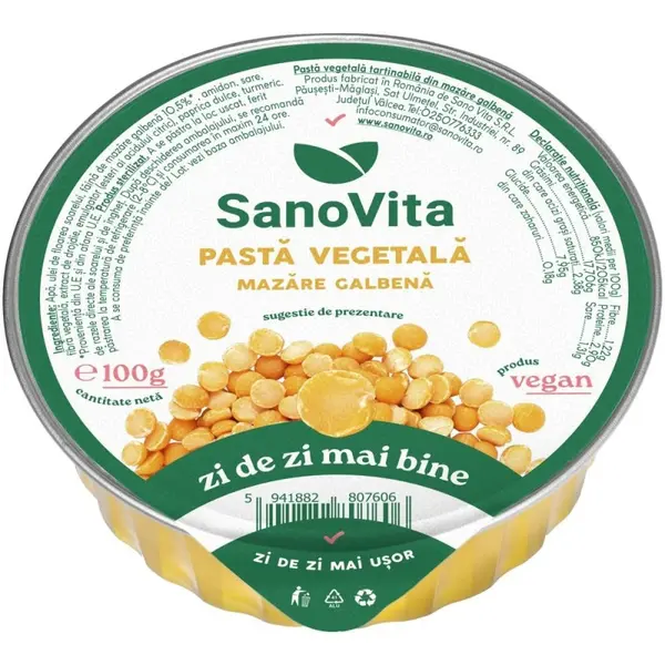 Pasta Vegetala din Mazare Galbena, Sanovita, 100 g