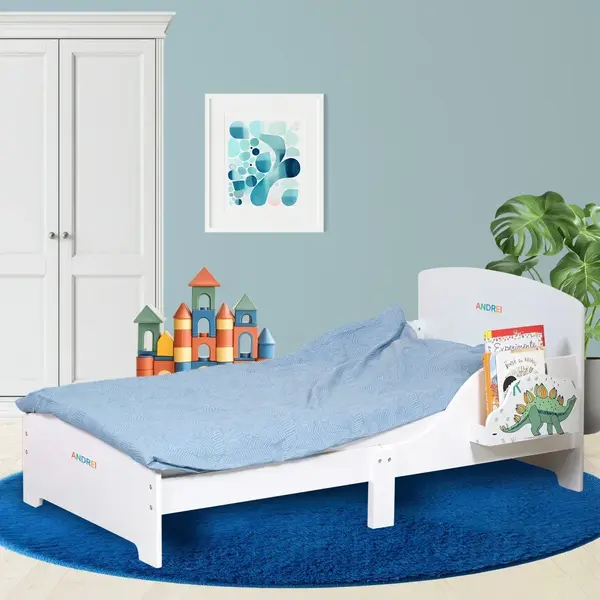 Pat Copii cu Protectie Laterala si Raft Depozitare Carti si Jucarii, Model Dinozaur, Patut pentru Baieti si Fetite Varsta de 3 - 8 Ani, Mobilier din Lemn MDF, Alb + Bonus Stickere Fosforescente - Default Title