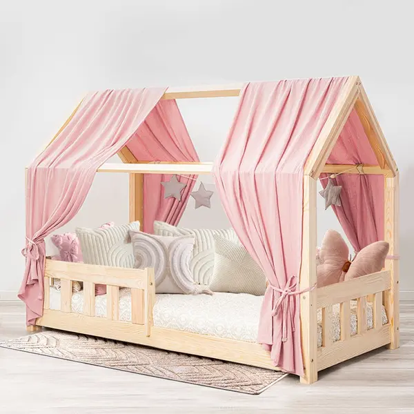 Pat copii montessori tip casuta, LittleAmy, Angel Nest, Balustrade cu bare plate, Natur, 100 x 180 cm